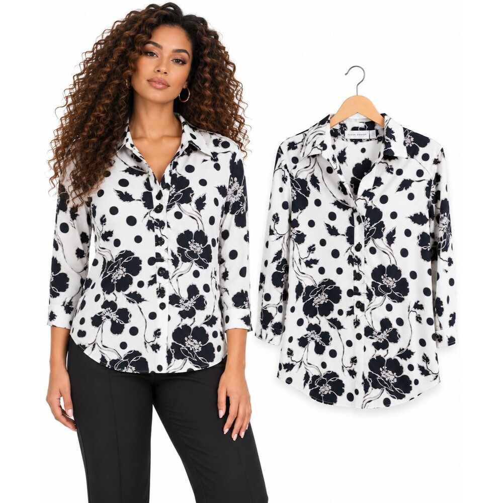 Foxcroft Wrinkle Free Popover Tunic Top Size 6 Shaped Fit Floral Dot Navy White